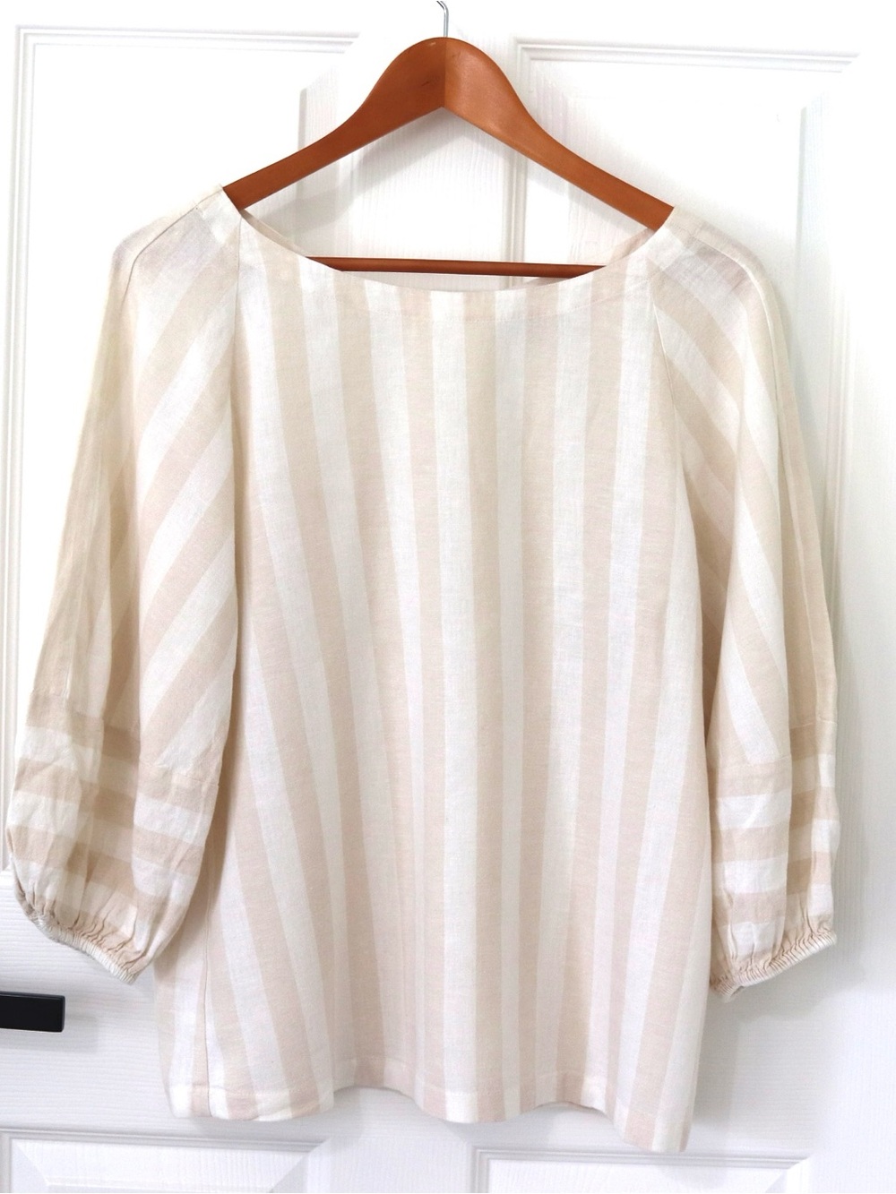 Cream Striped Boatneck Top puff 3/4 sleeves linen, summer lightweight neutral